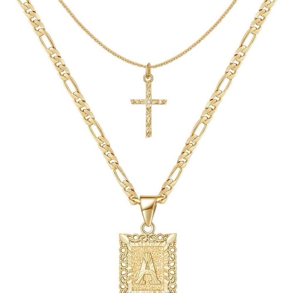 Gold Layered Initial Cross Necklace 14K Gold Plated Pendant for Women Girls